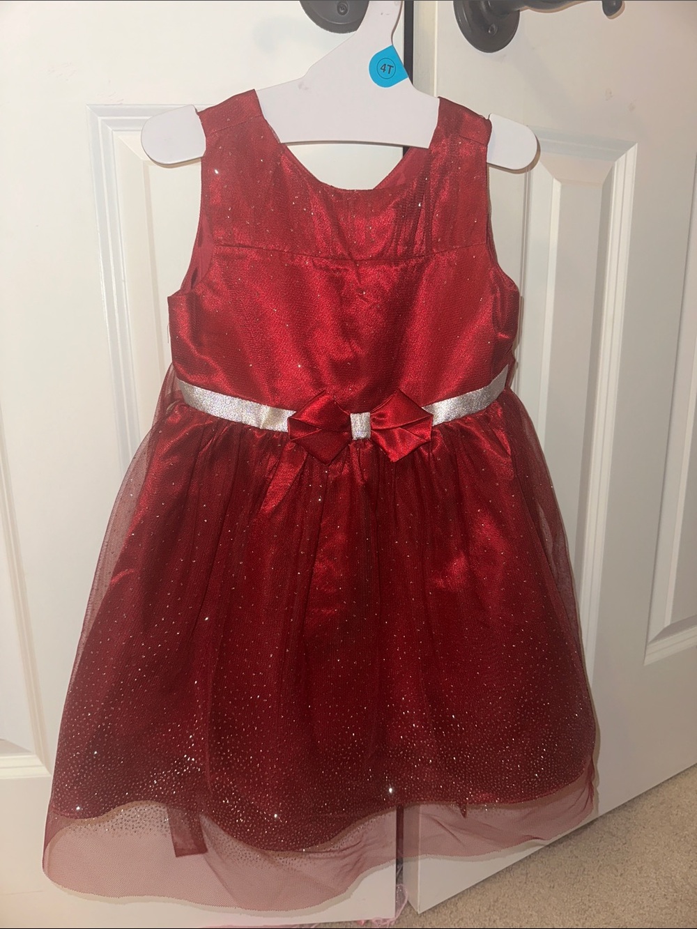 Jona Michelle Red Glitter Tulle Holiday Dress with Silver Bow